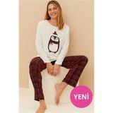 DOFİ Kadın Baskılı Beyaz Ekose Desenli Pijama Takımı - Kardan Adam Baskılı