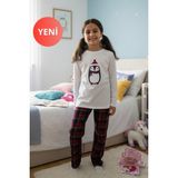 Dofi Kadın Çocuk 1737 Kışlık Ekose Pijama Takımı – Penguen Baskılı, Bisiklet Yaka, Boru Paça - Beyaz - 3 - 4 Yaş