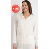 DOFİ Kadın Ekru Aerobin Saten Biyeli Pijama Takımı – Gömlek Yaka, Çift Cepli, Kışlık