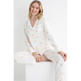 Dofi Kadın Ekru Ayı Desenli Pijama Takımı – Uzun Kollu, Düğmeli, Aerobin Kumaş