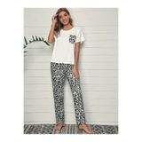DOFİ Kadın Leopar Desenli Pijama Takımı, Siyah-Beyaz, M Beden
