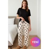 DOFİ Kadın Pijama Takımı Siyah Kısa Kollu Puantiye Desenli Saten