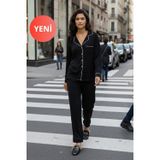 DOFİ Kadın Uzun Kollu Kışlık Saten Pijama Takımı – Gömlek Yaka, Biyeli, Cepli, Beyaz / Siyah