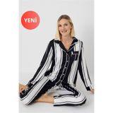 DOFİ Kadın Uzun Kollu Kışlık Saten Pijama Takımı – Siyah Beyaz Çizgili, Gömlek Yaka, Biyeli