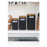 Doğa Dizayn Bambu Kapak Görünümlü Metal Siyah 3'lü Çay Şeker Kahve Saklama Kabı/Kavanozu MRS-3037S