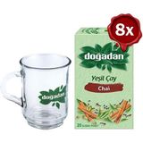 Doğadan Yeşil Çay Chai Poşet Bardak Çay x 8 ve Doğadan Cam Bardak - Bitki Çayı