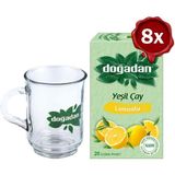 Doğadan Yeşil Çay Limonlu 20'li x 8 ve Doğadan Cam Bardak - Bitki Çayı