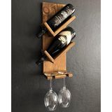 Doğal Ahşap Dekoratif Vintage Şaraplık, 2 Şişe 2 Kadeh Bölmeli Retro Şaraplık, Meşe Şarap - Çok Renkli