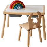 Doğal Ahşap Duyusal Çocuk Aktivite Masası + 1 Sandalye Seti - Beyaz - Standart
