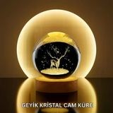 Doğal Ahşap Standlı Geyik Figürlü Kristal Küre LED Dekoratif Lamba