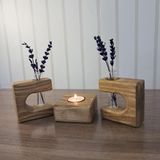 Doğal Ahşap Vazo ve Mumluk Seti, El Yapımı Çam Ağacından, 9x9 cm, 3'lü Set, Cam Tüp Vazolar ve Tealight Mum Dahil, Rustik Dekoratif Tasarım (Tik)