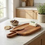 Doğal Akasya Ahşap Oval Peynir ve Sunum Tahtası – 30X14 cm Saplı Servis Tepsisi, Yanında Öze