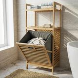Doğal Bambu 2 Katlı Banyo Rafı ve Çamaşır Sepeti (40X30X95 Cm) - Açık Raflı Ahşap Düzenle