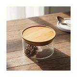 Doğal Bambu Kapaklı Borosilikat Cam Saklama Kabı - 300 ml Vakumlu Yuvarlak Baharatlık, Çay ve Kahve Kavanozu