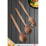 Doğal Ceviz Ağacı Ahşap Tahta Kaşık Spatula Kevgir Çatal Seti Ağaç Kaşık (3 Lü Set) A5