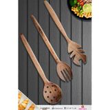 Doğal Ceviz Ağacı Ahşap Tahta Kaşık Spatula Kevgir Çatal Seti Ağaç Kaşık (3 Lü Set) A8