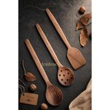 Doğal Ceviz Ağacı Ahşap Tahta Kaşık Spatula Kevgir Çatal Seti Ağaç Kaşık (3 Lü Set) - Çok Renkli