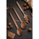Doğal Ceviz Ağacı Ahşap Tahta Kaşık Spatula Kevgir Çatal Seti Ağaç Kaşık (3 lü Set)