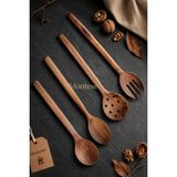 Doğal Ceviz Ağacı Ahşap Tahta Kaşık Spatula Kevgir Çatal Seti Ağaç Kaşık (4 Lü Set) Mta2 - Çok Renkli