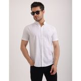 Doğal Dokulu Flam Keten Kumaş Casual Kısa Kollu Erkek Gömlek - Beyaz - 2XL