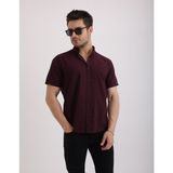 Doğal Dokulu Flam Keten Kumaş Casual Kısa Kollu Erkek Gömlek - Bordo - 2XL