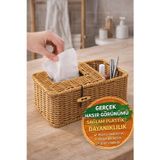 Doğal Görünümlü Plastik Rattan Peçetelik Organizer Kutu Bölmeli Kapaklı Masaüstü Dekor - 25x12.5x10