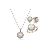 Doğal İnci Taşlı Küpe Kolye Yüzük Üçlü Set (Rose)