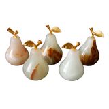 Doğal Oniks Taş 5'li Armut Biblo Seti, El Yapımı, 5 cm x 3 cm, Altın Yaprak Detaylı, Dekoratif (Beyaz)