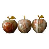 Doğal Oniks Taş Elma Biblo Seti, 3'lü, 6x6 cm, Altın Yaprak Detaylı, Dekoratif Masa Süsü (Kahverengi)