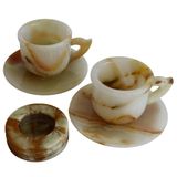 Doğal Oniks Taş Fincan ve Kül Tablası Seti, El Yapımı, 2'li Fincan (7 cm) ve 7.5 cm Kül Tablası, Dekoratif Ev Aksesuarı (Bej)