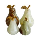 Doğal Oniks Taşı Armut Biblo Koleksiyonu, El Yapımı Dekoratif Set, 4 Parça, Altın Detaylı, 3-5 cm Boyutlarında, Yeşil-Beyaz-Kahverengi Mermer Desenli, Ev-Ofis Süs Eşyası