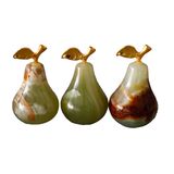 Doğal Oniks Taşı Dekoratif Armut Biblo, 5 cm, Altın Detaylı, 3'lü Set