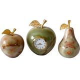 Doğal Onyx Taş Masa Saati ve Dekoratif Set, Elma ve Armut Figürlü, 3 Parça, Altın Yapraklı, Quartz Mekanizma