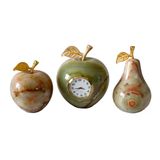 Doğal Onyx Taş Masa Saati ve Dekoratif Set, Elma ve Armut Figürlü, 3 Parça, Altın Yapraklı, Quartz Mekanizma