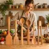 Doğal Şimşir Ağacından Ahşap Mutfak Seti, Spatula, Çatal, Kaşık Maşa, 6 Parça, Doğal Renk