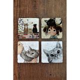 Doğal Taş Bardak Altlığı 4'lü Set - Kedi Desenli - Stone Coasters Çok Renkli