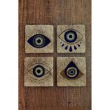 Doğal Taş Bardak Altlığı 4'lü Set - Nazar Boncuğu Desenli - Stone Coasters Çok Renkli