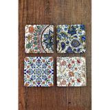 Doğal Taş Bardak Altlığı Çini Desenler Baskılı 4'lü Set - Stone Coasters Çok Renkli