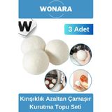 Doğal Yünlü Kırışıklık Azaltan Hızlı Kuruyan Sürtünme Önleyici 3’lü Çamaşır Kurutma Topu Seti