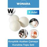 Doğal Yünlü Kırışıklık Azaltan Hızlı Kuruyan Sürtünme Önleyici 9’lu Çamaşır Kurutma Topu Seti