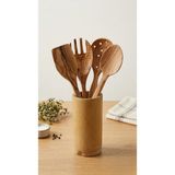 Doğal Zeytin Ağacı 5 Parça Mutfak Hazırlık Seti - El Yapımı Ahşap Kaşık, Spatula ve Standlı Set - Kahverengi
