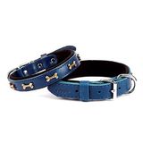 Doggie Medium Mavi 2x35 40 cm Comfort Deri Kemik Süslü Köpek Boyun Tasması