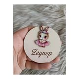 Doğrukan Hediyelik Pembe Etekli Tavşan Yenidoğan Doğum Günü Ahşap Taban Hediyelik Magnet(10 Adet)