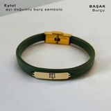 Doğum Ayına Özel 14 Ayar Altın Plakalı Dikdörtgen Figürlü Hakiki Yeşil Derili Hediye Bileklik-371