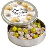 Doğum Günü Hediyesi Çifte Kavrulmuş Lokum (Metal Yuvarlak Kutu) 300g - Gold Balonlu
