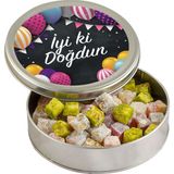 Doğum Günü Hediyesi Çifte Kavrulmuş Lokum (Metal Yuvarlak Kutu) 300g - Renkli Balonlu