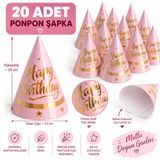 Doğum Günü Parti Şapkası 20 Adet, Pembe ve Gold, 16 cm | Karton Malzeme, Elastik Lastik İp, Parlak Gold Yazı, Taban Çapı 12 cm, Yıldız Desenli