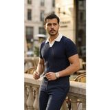 Dogutrend Erkek Desenli Kısa Kollu Triko Tişört - %100 Pamuk Akrilik - Lacivert - XL