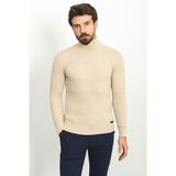 Dokulu Bej Rengi Slim Fit Tam Balıkçı Yaka Erkek Kazak - Açık Bej