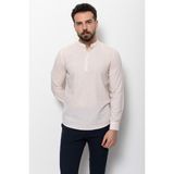 Dokulu Bej Rengi Slim Fit Yarım Patlı Hakim Yaka Erkek Gömlek - Bej - Ekru